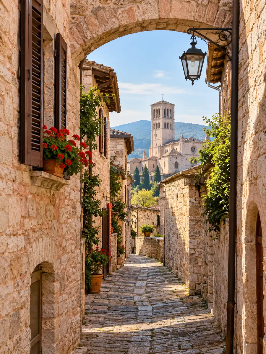 Eine ruhige Kopfsteingasse in Assisi, die zum Glockenturm der Basilika San Francesco führt